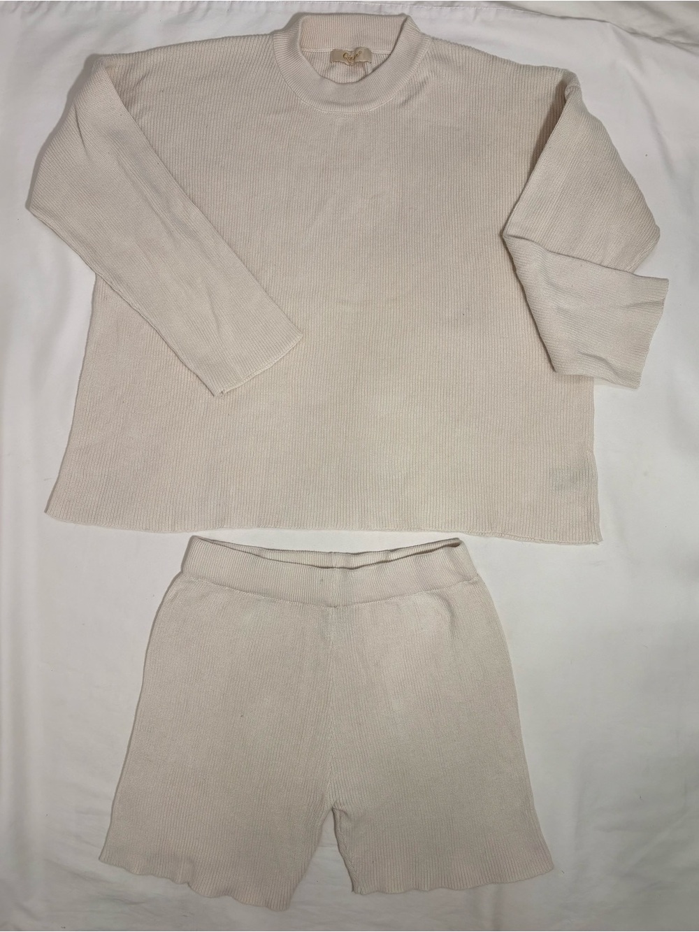 Qinsen Beige 2 piece Ribbed Knit Lounge Set Size L
